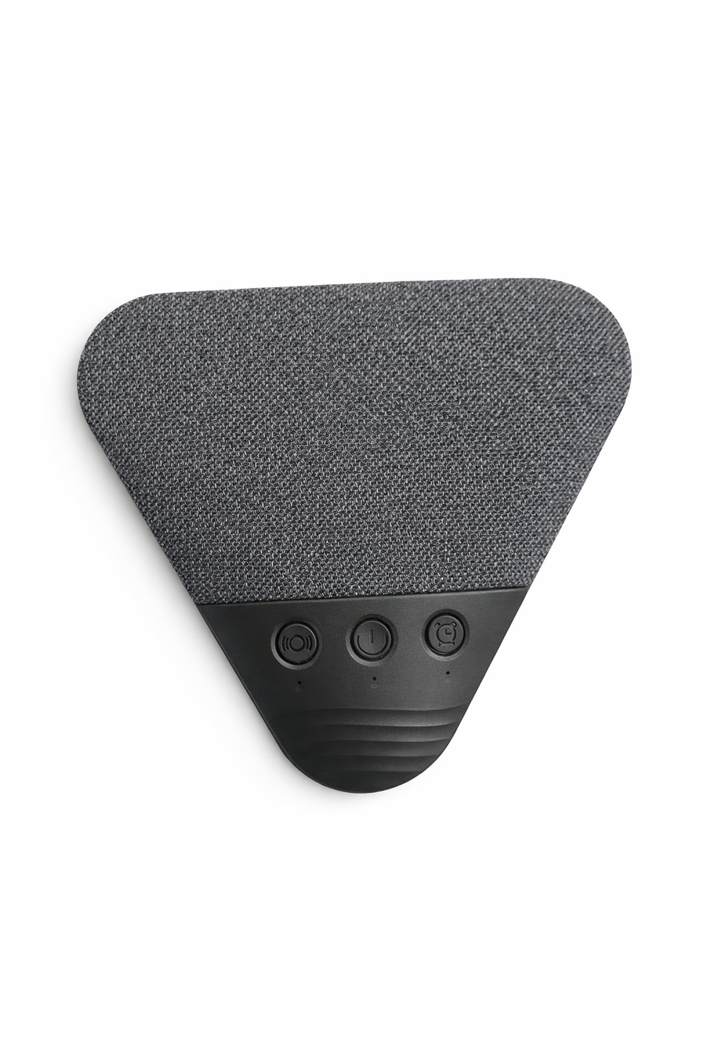 Triangular grey speaker with fabric top and three black control buttons.