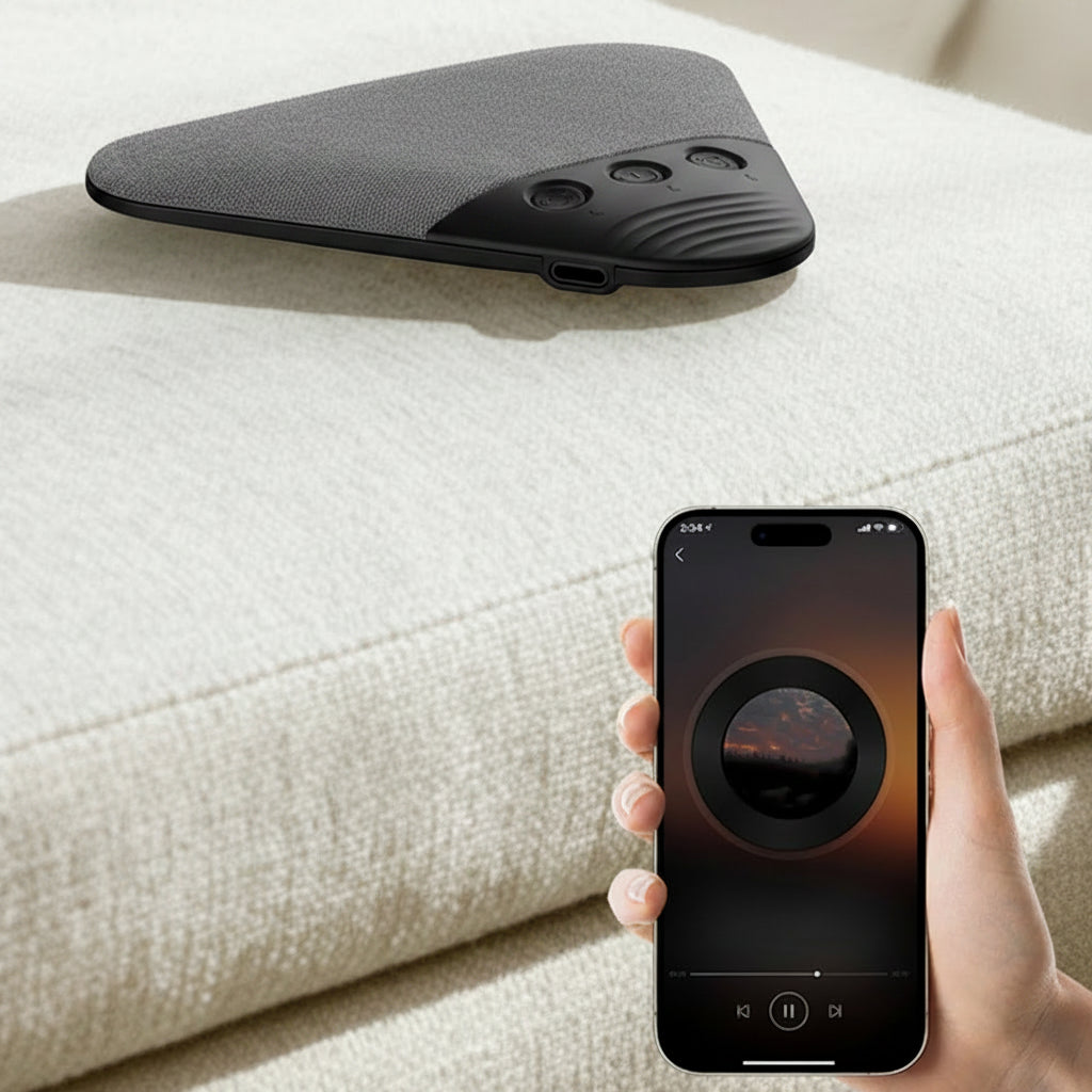 Hand holding smartphone near triangular grey speaker resting on fabric surface.