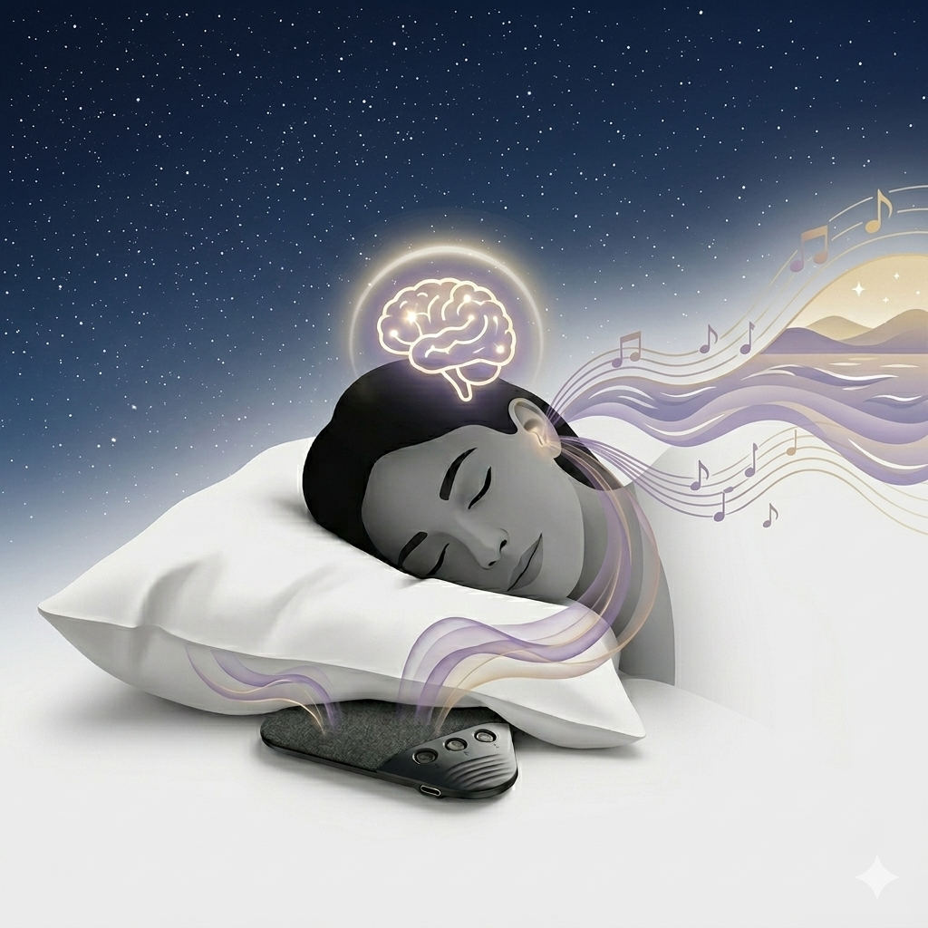 Person sleeping on pillow with colorful music waves and glowing brain graphic.