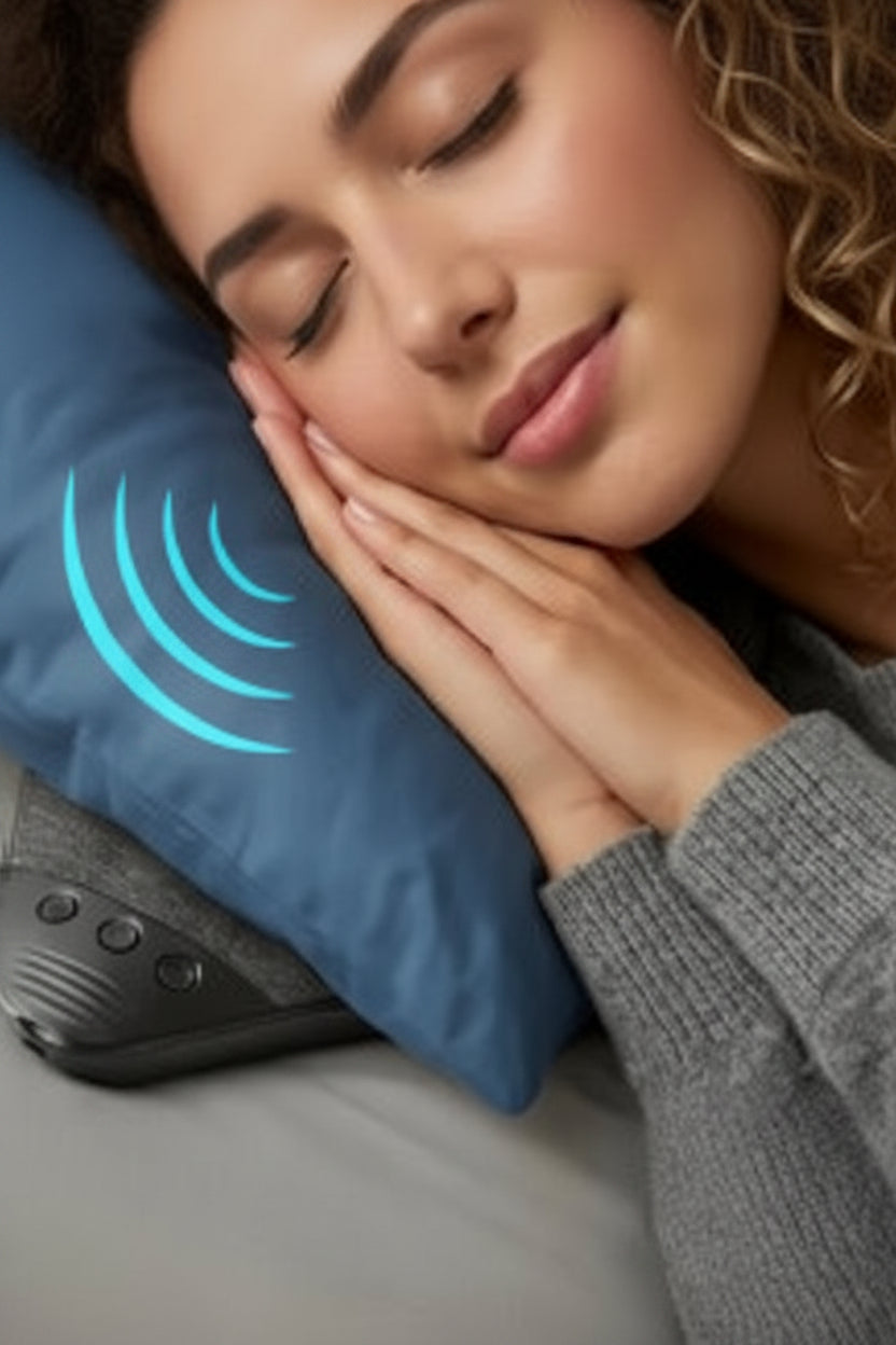 Person resting on blue pillow with small device visible beneath fabric.